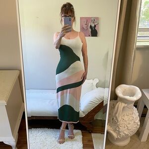 NWT MIDI DRESS SIDE SLIT ADJUSTABLE STRAPS STRETCH PINK GREEN MUTED TONES CIDER